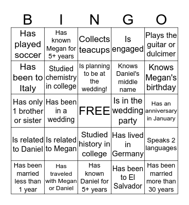 Bridal Bingo ~ Find a person who... Bingo Card