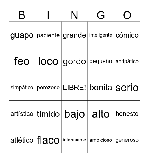 Spanish Adjectives Bingo Card