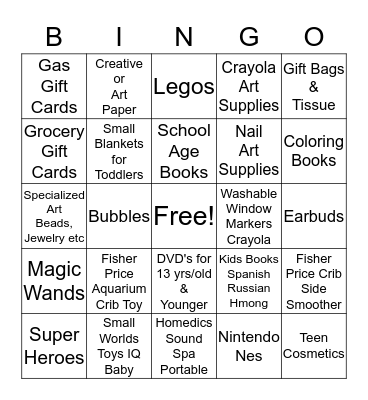 Toy Drive Wish List Bingo Card