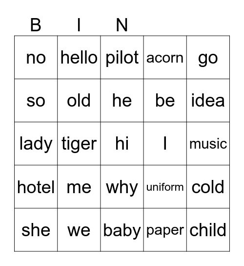 Open Vowel Bingo Card