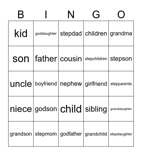 Relationship Bingo Card