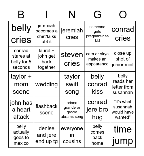 TSITP Finale Bingo Card