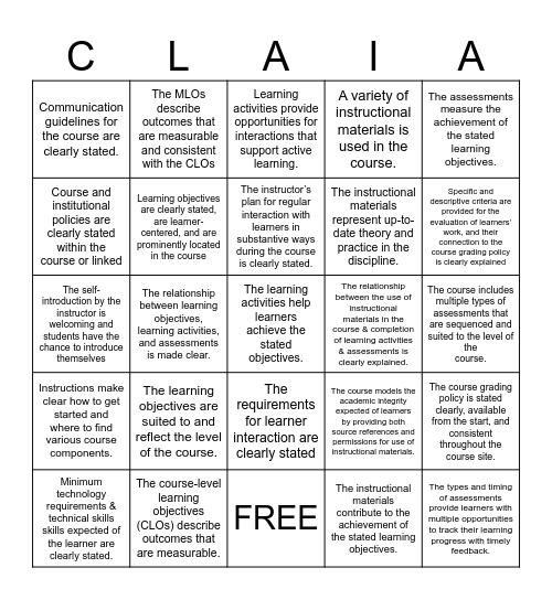 Quality Matters BINGO Card