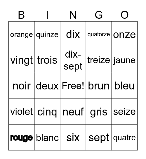 Les Nombres et Les Couleurs Bingo Card