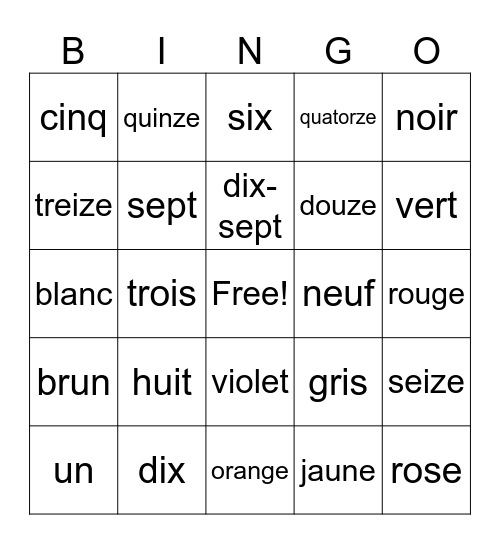 Les Nombres et Les Couleurs Bingo Card