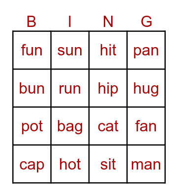 cvc u Bingo Card