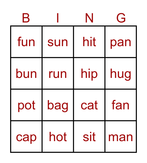 cvc u Bingo Card