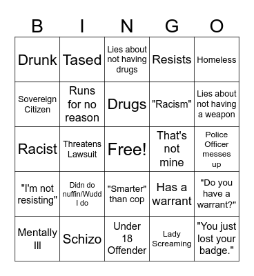 Body Cam Bingo Card