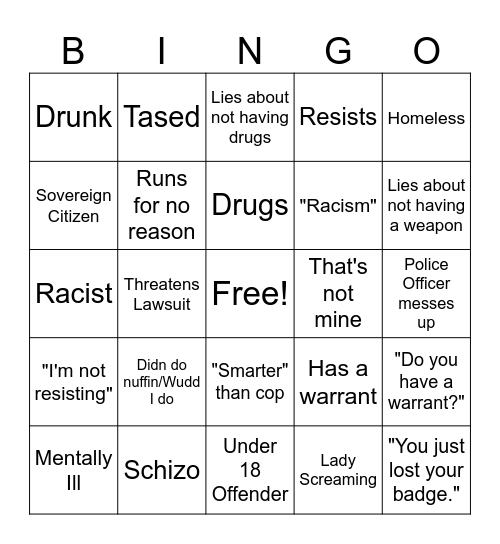 Body Cam Bingo Card