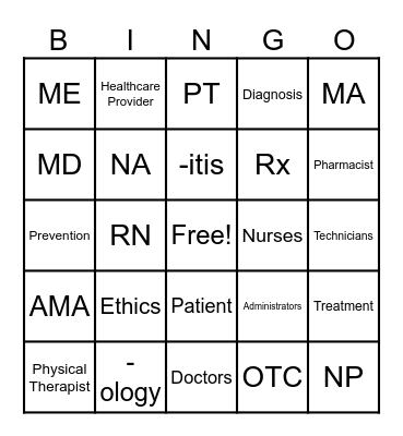 Healthcare Vocabulary Bingo Card