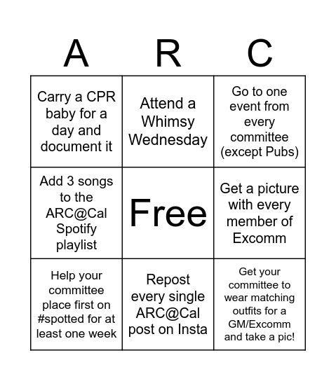ARC Intern Bingo Card