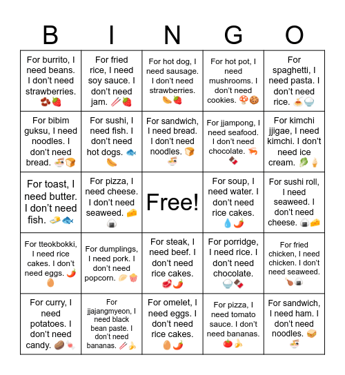 B8 L12 For curry rice, I need carrots. I don’t need candy. 🥕🍬 Bingo Card