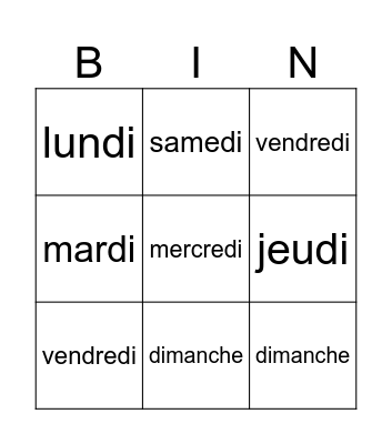 jours de la semaine Bingo Card