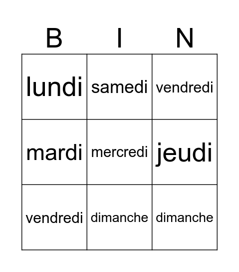 jours de la semaine Bingo Card