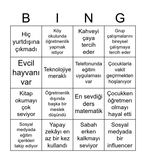 ÖT Tanışma Bingo Card