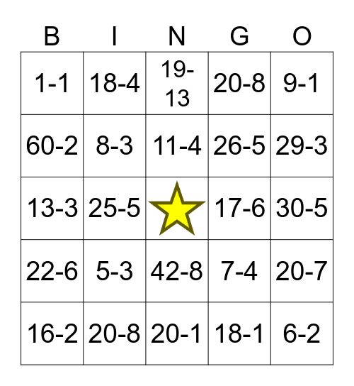 Subtraction Bingo Card