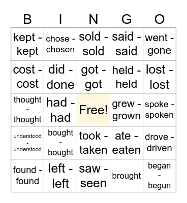 Irregular Verbs Bingo Card