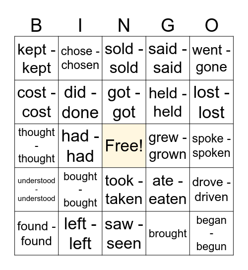Irregular Verbs Bingo Card