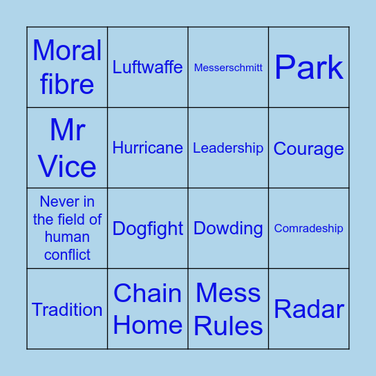 Battle of Britain Bingo Card