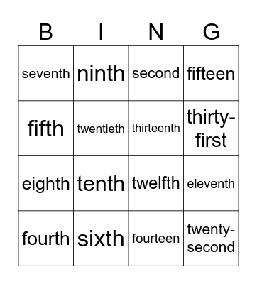 Ordinal Numbers Bingo Card