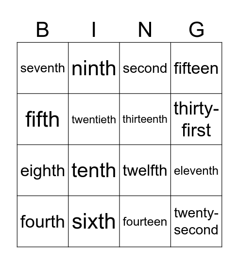 Ordinal Numbers Bingo Card