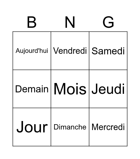 Les Jours de la Semaine Bingo Card