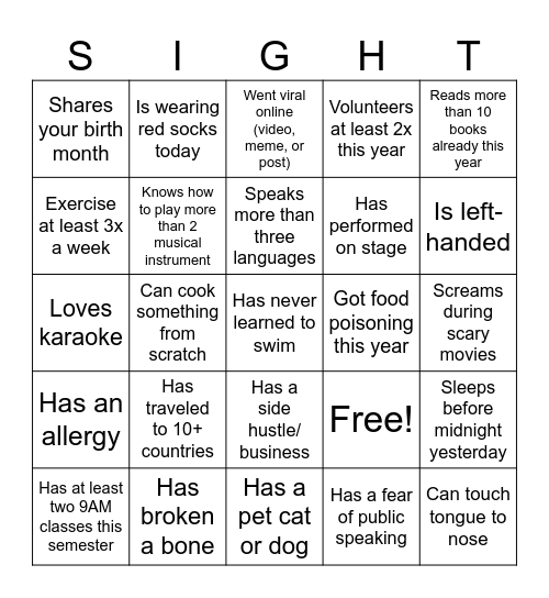 SIGHT Camp 2025 Bingo Card