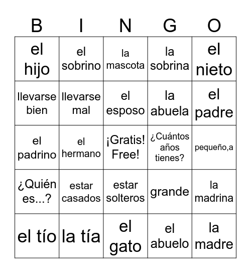 Desafío 1: La familia y relaciones personales Bingo Card