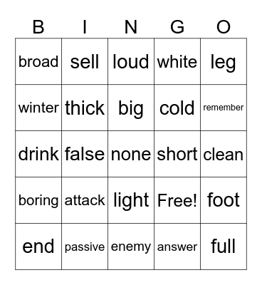 Opposites Bingo Card