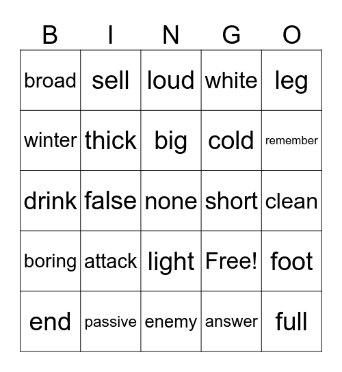Opposites Bingo Card
