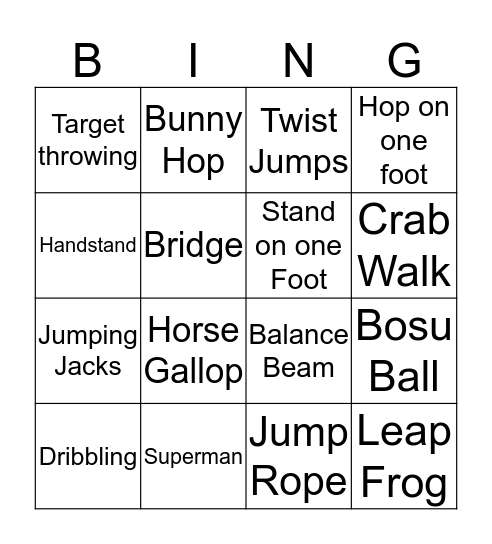 Gross Motor Bingo Card