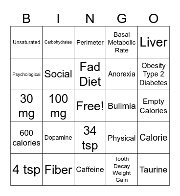 Nutrition Bingo Card