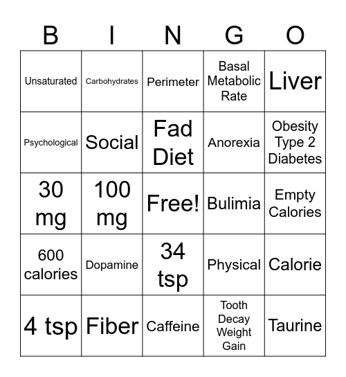 Nutrition Bingo Card
