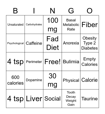 Nutrition Bingo Card