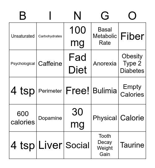 Nutrition Bingo Card