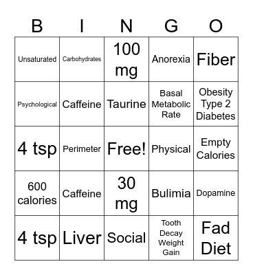 Nutrition Bingo Card
