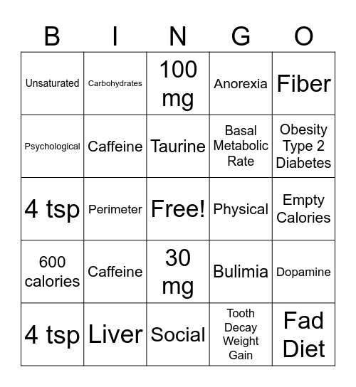 Nutrition Bingo Card