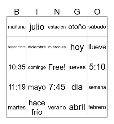 La hora y el calendario Bingo Card