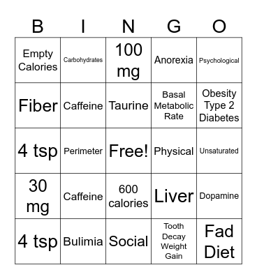 Nutrition Bingo Card
