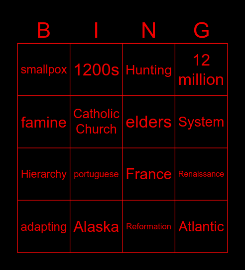 US Early History Bingo Card