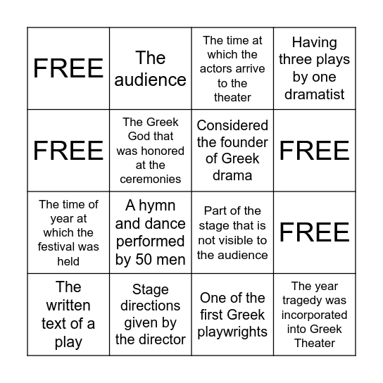Greek Theater History Bingo Card