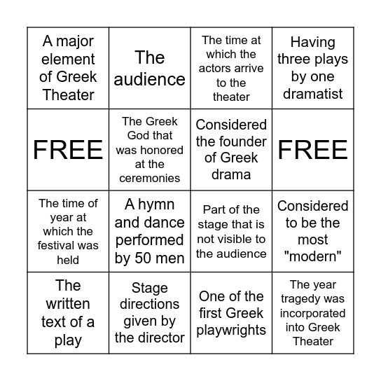 Greek Theater History Bingo Card
