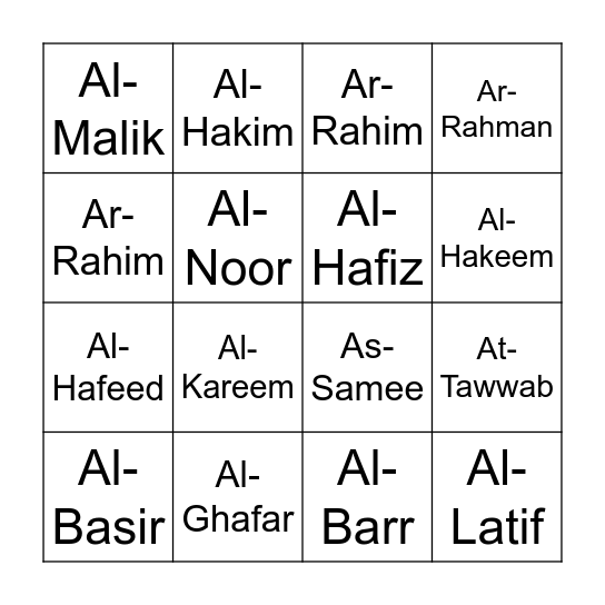 ★ ⋆｡°✩ Allah's Names ★ ⋆｡°✩ Bingo Card