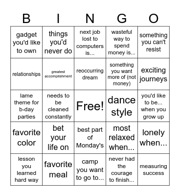 Conversation Starters Bingo Card