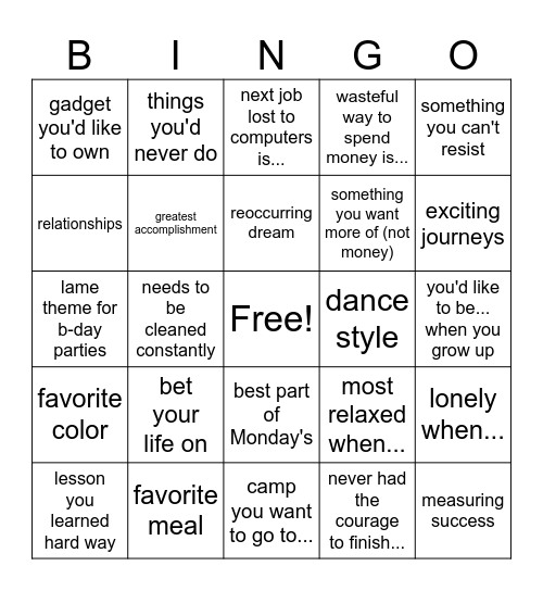 Conversation Starters Bingo Card