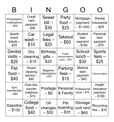 Expenses Bingo Card