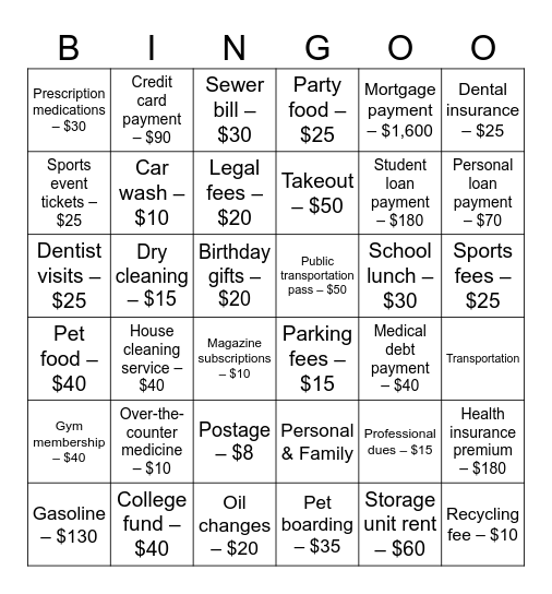 Expenses Bingo Card