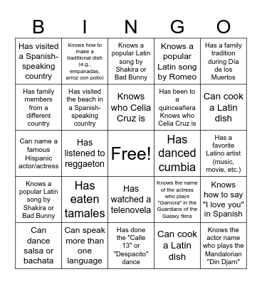 Hispanic Heritage Month Bingo Card