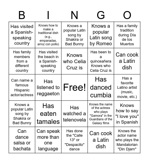 Hispanic Heritage Month Bingo Card