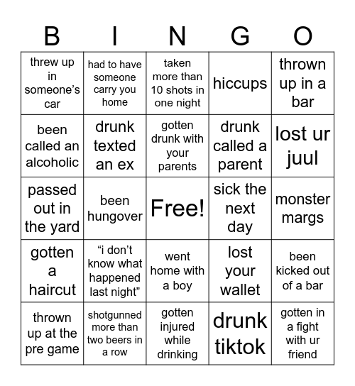 drunk bingo Card
